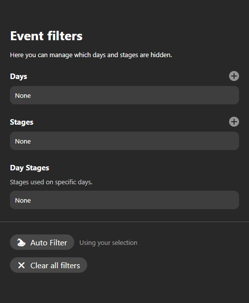 The Event Filters Drawer, with no filters active